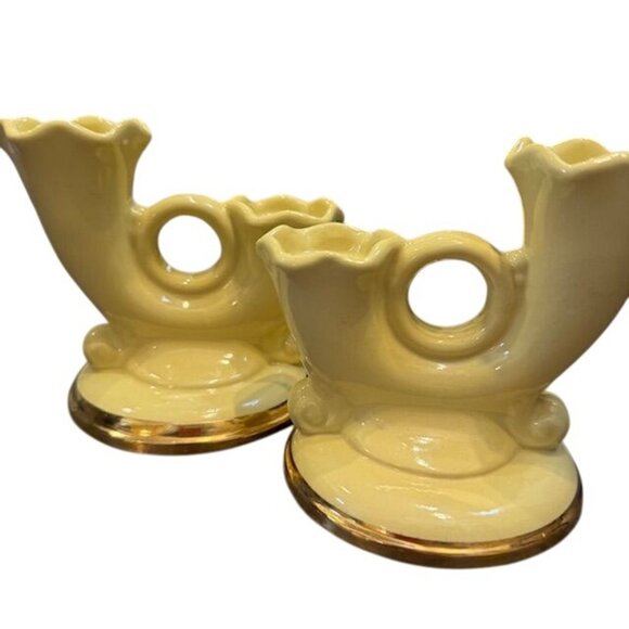 Vintage Abingdon Pottery Yellow Horn Candlestick Holders Set Of 2 - Picture 7 of 7